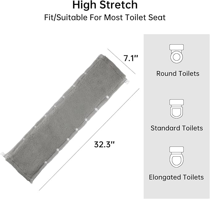 Toilet Seat Cover,Bathroom Soft Thicker Warmer with Snaps Fixed Stretchable Washable Fiber Cloth Toilet Seat Covers Pads Easy Installation& Cleaning (grey)