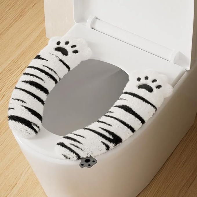 Fuzzy Toilet Seat Cushion Cover, Portable Toilet Seat Cover Universal with Hook and Loop Fastener, Washable and Reusable Toilet Lid Cover (White)