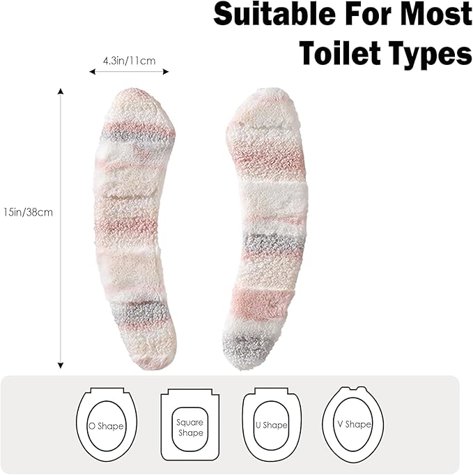 Thick and Warm Plush Toilet Seat Cover – Washable, Reusable Cushion with TPR Adhesive & Parallel Stripe Design for Comfort & Insulation (Pink)