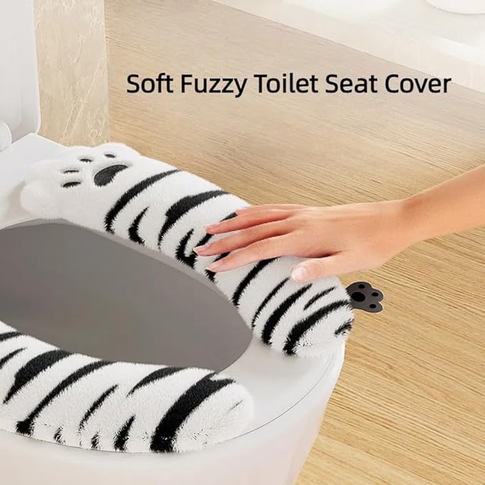 Fuzzy Toilet Seat Cushion Cover, Portable Toilet Seat Cover Universal with Hook and Loop Fastener, Washable and Reusable Toilet Lid Cover (White)