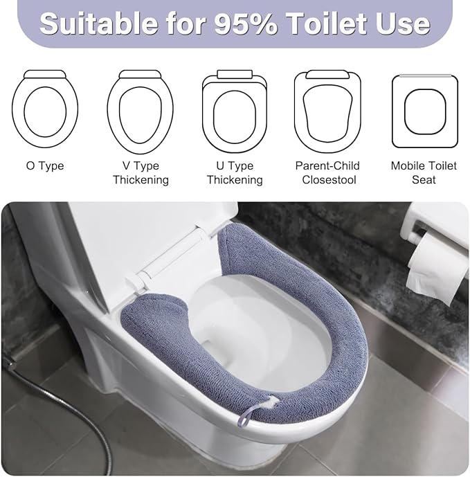 2 Packs Toilet Seat Cover, Plush Warm Bathroom Toilet Seat Cushion with Snaps Fixed Washable and Reusable Toilet Seat Lid Cover Pads, Fits Most Toilet Seats, Blue Grey