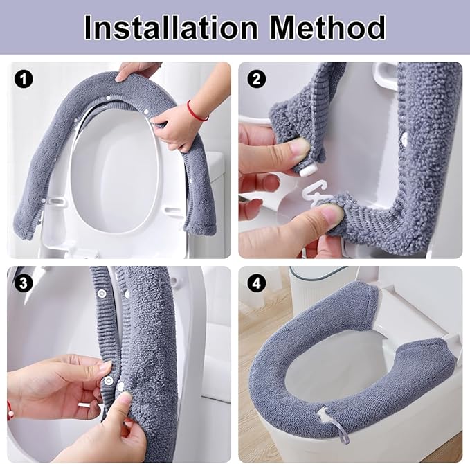 2 Packs Toilet Seat Cover, Plush Warm Bathroom Toilet Seat Cushion with Snaps Fixed Washable and Reusable Toilet Seat Lid Cover Pads, Fits Most Toilet Seats, Blue Grey
