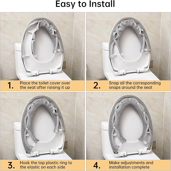 Toilet Seat Cover,Bathroom Soft Thicker Warmer with Snaps Fixed Stretchable Washable Fiber Cloth Toilet Seat Covers Pads Easy Installation& Cleaning (grey)