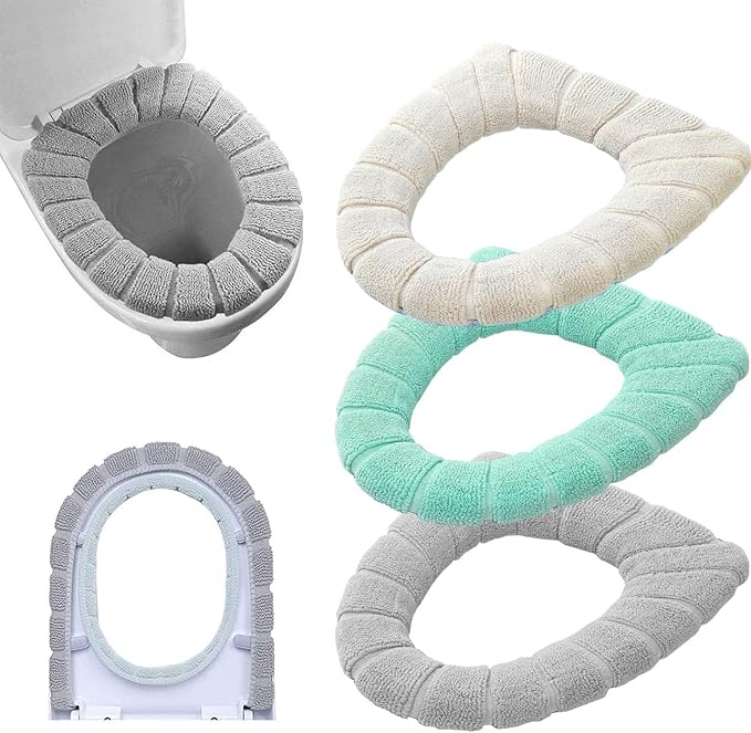 Bathroom Soft Thicker Warmer Stretchable Washable Cloth Toilet Seat Cover Pads 3PCS