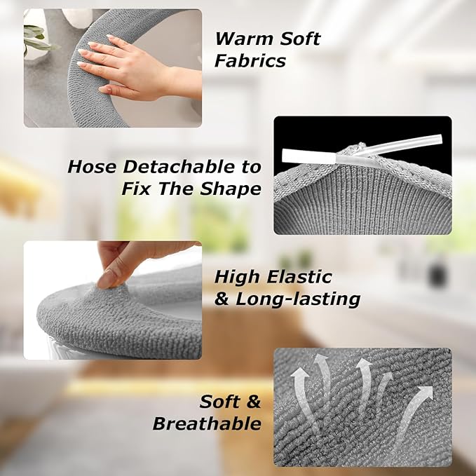 5 Pack Thicker Bathroom Toilet Seat Cover Pads- Soft Warmer Toilet Seat Cushion Cover Stretchable Washable Fiber Cloth, Easy Installation Comfortable Toilet Lid Seat Cover(Knit Elongated Gray)