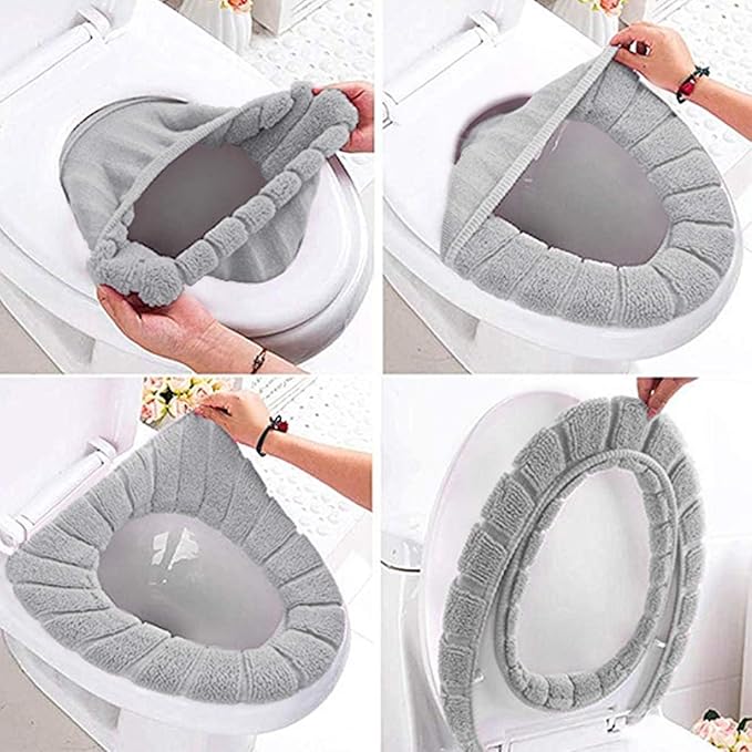 Bathroom Soft Thicker Warmer Stretchable Washable Cloth Toilet Seat Cover Pads 3PCS