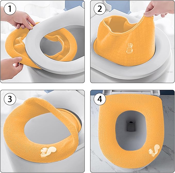 Soft Toilet Seat Cover, Plush & Thick Fabric Toilet Seat Warmer for Round & Elongated, Reusable, Machine-Washable, Easy Installation, Fits All Oval Toilet Seats, 14 X 17 Inshes, Yellow