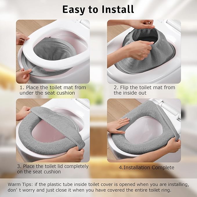 5 Pack Thicker Bathroom Toilet Seat Cover Pads- Soft Warmer Toilet Seat Cushion Cover Stretchable Washable Fiber Cloth, Easy Installation Comfortable Toilet Lid Seat Cover(Knit Elongated Gray)