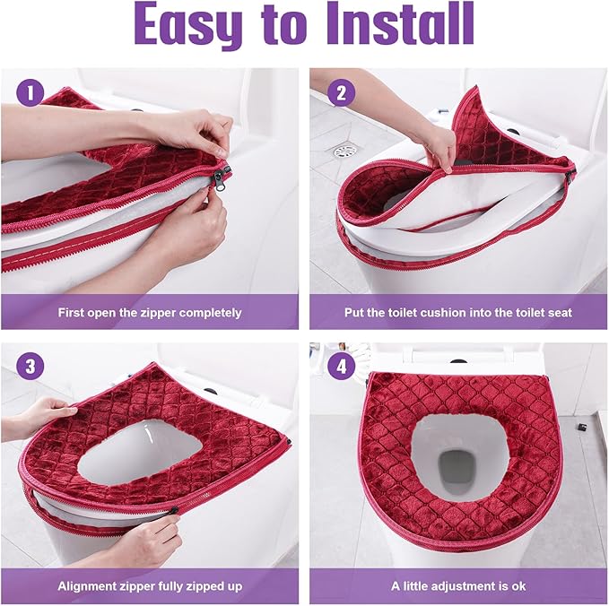 4 Pcs Toilet Seat Covers Pads for Bathroom Comfortable Toilet Seat Cushion Cover Soft Thicker Warmer Washable Pad with Zipper Home Reusable(Modern,Gray, Violet, Red, Brown)