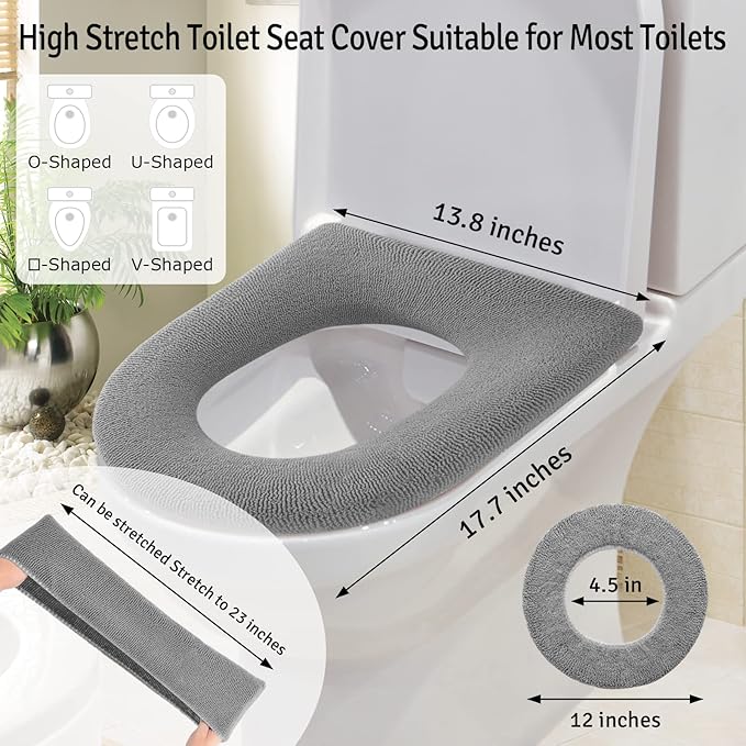 5 Pack Thicker Bathroom Toilet Seat Cover Pads- Soft Warmer Toilet Seat Cushion Cover Stretchable Washable Fiber Cloth, Easy Installation Comfortable Toilet Lid Seat Cover(Knit Elongated Gray)
