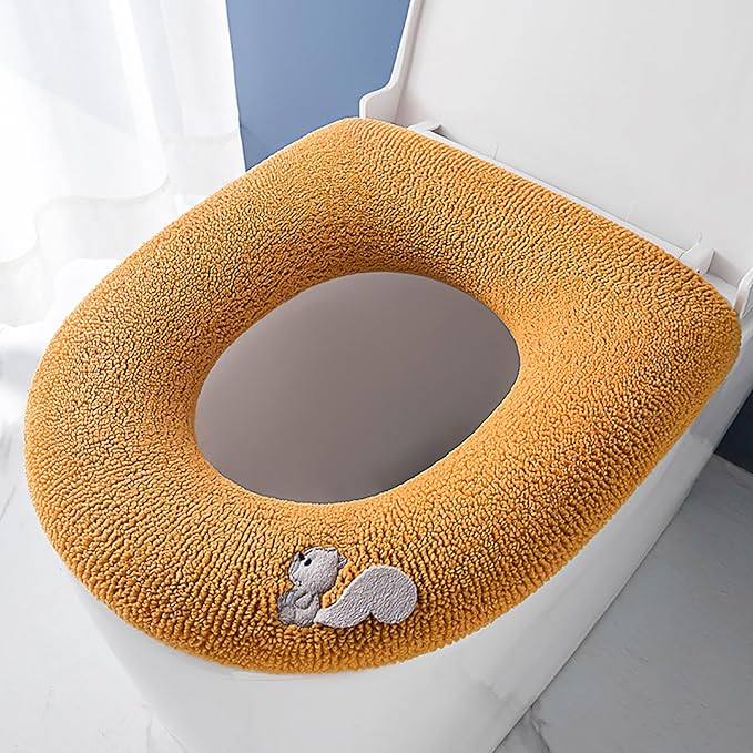 Soft Toilet Seat Cover, Plush & Thick Fabric Toilet Seat Warmer for Round & Elongated, Reusable, Machine-Washable, Easy Installation, Fits All Oval Toilet Seats, 14 X 17 Inshes, Yellow