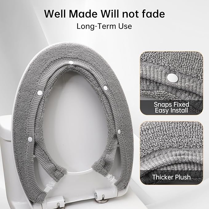 Toilet Seat Cover,Bathroom Soft Thicker Warmer with Snaps Fixed Stretchable Washable Fiber Cloth Toilet Seat Covers Pads Easy Installation& Cleaning (grey)