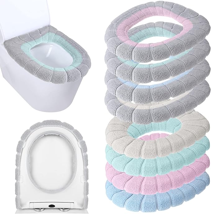 8 Pcs 11.8 Inch Thicker Bathroom Toilet Seat Cover Pads Soft Comfortable Toilet Seat Cushion Cover Stretchable Toilet Seat Warmer Easy Installation Cushioned Lid Covers (Simple Colors)
