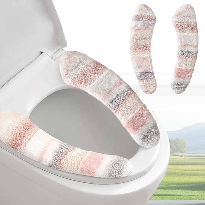 Thick and Warm Plush Toilet Seat Cover – Washable, Reusable Cushion with TPR Adhesive & Parallel Stripe Design for Comfort & Insulation (Pink)