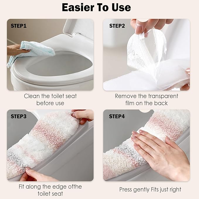 Thick and Warm Plush Toilet Seat Cover – Washable, Reusable Cushion with TPR Adhesive & Parallel Stripe Design for Comfort & Insulation (Pink)